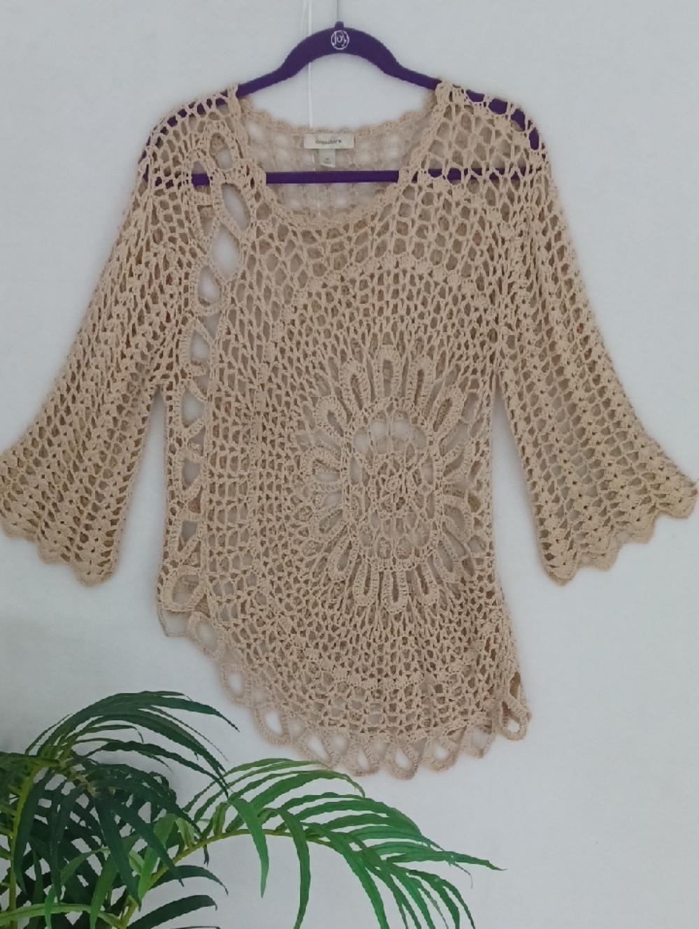 Dressbarn Tan Crochet Asymetrical Boho  Top With Bell Sleeves